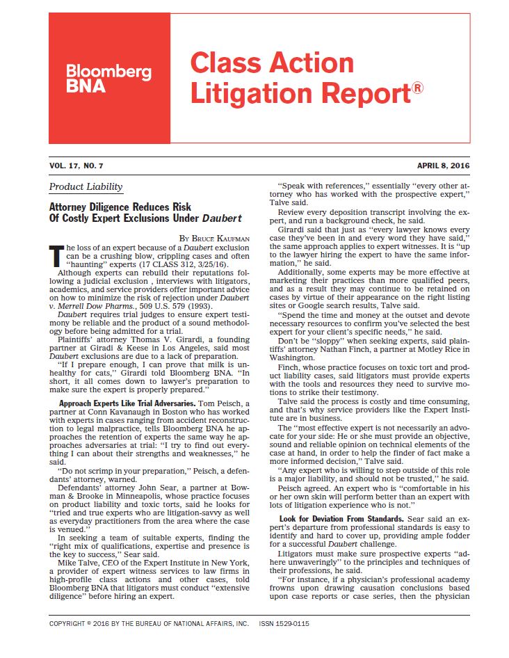 Cover Page of Bloomberg BNA Class Action Report