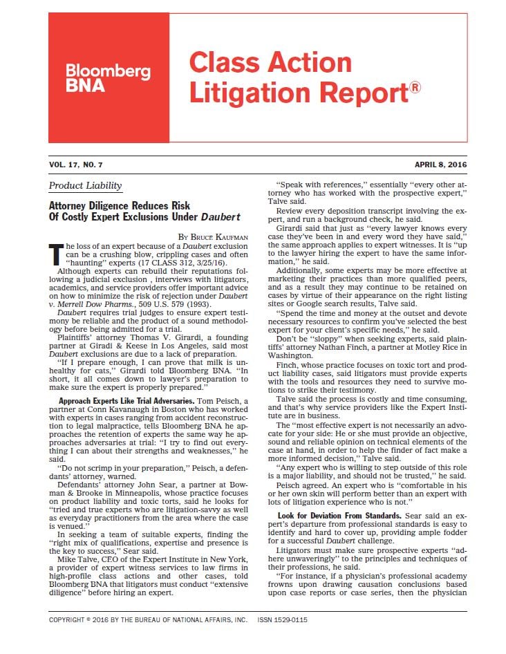 Cover Page of Bloomberg BNA Class Action Report
